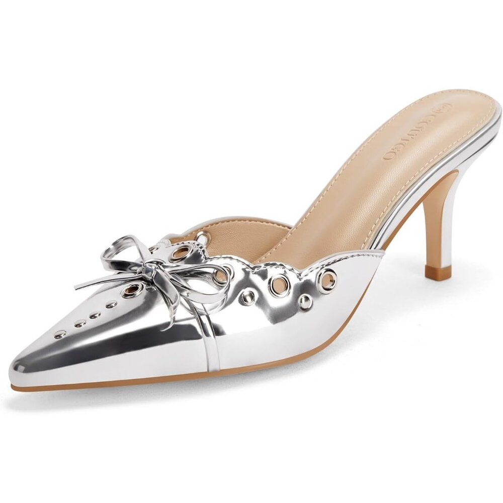 💫 Women Silver Bow Tie Mule Heels Pointed Toe Studded Backless Stilettos Shoes
